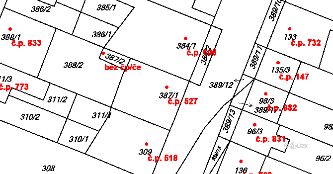 Lužice 527 na parcele st. 387/1 v KÚ Lužice u Hodonína, Katastrální mapa