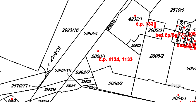 Kyjov 1133,1134 na parcele st. 2006/1 v KÚ Kyjov, Katastrální mapa