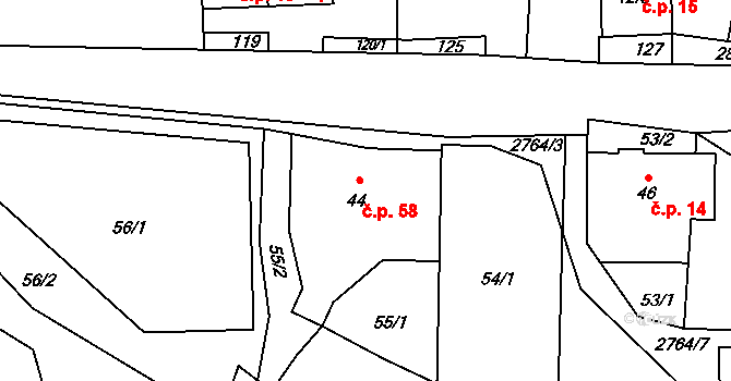 Dolní Povelice 58, Bohušov na parcele st. 44 v KÚ Dolní Povelice, Katastrální mapa