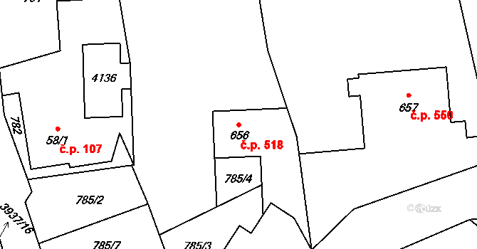 Kozlovice 518 na parcele st. 656 v KÚ Kozlovice, Katastrální mapa