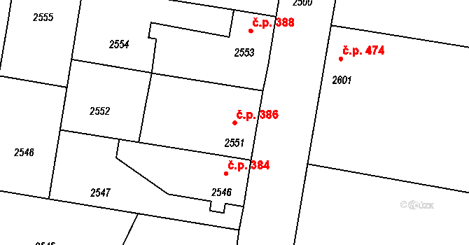 Mimoň I 386, Mimoň na parcele st. 2551 v KÚ Mimoň, Katastrální mapa