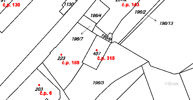 Jablonné nad Orlicí 315 na parcele st. 407 v KÚ Jablonné nad Orlicí, Katastrální mapa