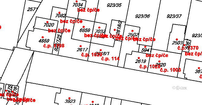 Horka-Domky 114, Třebíč na parcele st. 2618/1 v KÚ Třebíč, Katastrální mapa