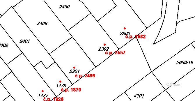 Břeclav 2557 na parcele st. 2302 v KÚ Břeclav, Katastrální mapa