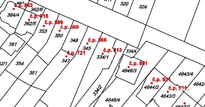 Tuřany 613, Brno na parcele st. 334/1 v KÚ Tuřany, Katastrální mapa