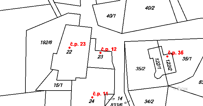 Chvojnov 12, Pelhřimov na parcele st. 23 v KÚ Chvojnov, Katastrální mapa