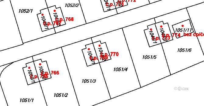 Suchdol 770, Praha na parcele st. 1048/2 v KÚ Suchdol, Katastrální mapa