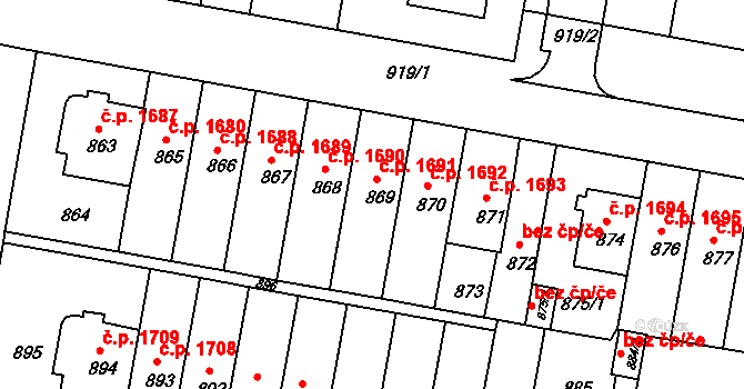 Záběhlice 1691, Praha na parcele st. 869 v KÚ Záběhlice, Katastrální mapa