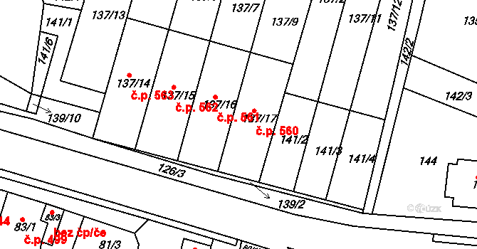 Blučina 560 na parcele st. 137/17 v KÚ Blučina, Katastrální mapa