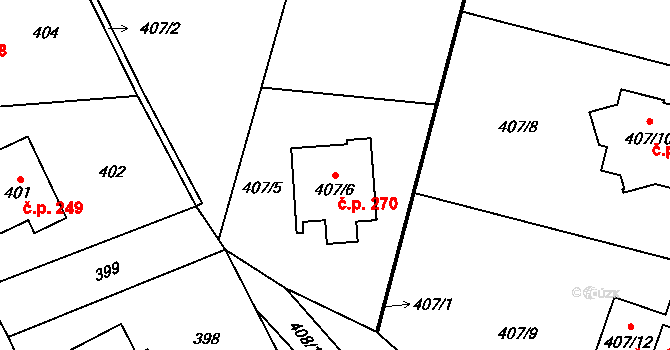 Horní Jasenka 270, Vsetín na parcele st. 407/6 v KÚ Jasenka, Katastrální mapa