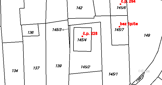 Úštěk-Českolipské Předměstí 228, Úštěk na parcele st. 145/4 v KÚ Úštěk, Katastrální mapa