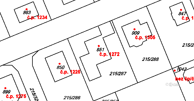 Rudná 1272 na parcele st. 851 v KÚ Hořelice, Katastrální mapa