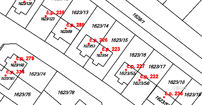 Popůvky 223 na parcele st. 1623/54 v KÚ Popůvky u Brna, Katastrální mapa