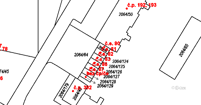 Brňany 81, Vyškov na parcele st. 2064/124 v KÚ Vyškov, Katastrální mapa