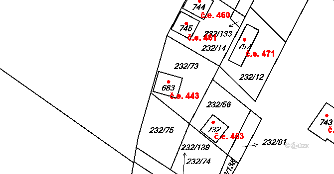 Dřenice 443, Cheb na parcele st. 683 v KÚ Dřenice u Chebu, Katastrální mapa