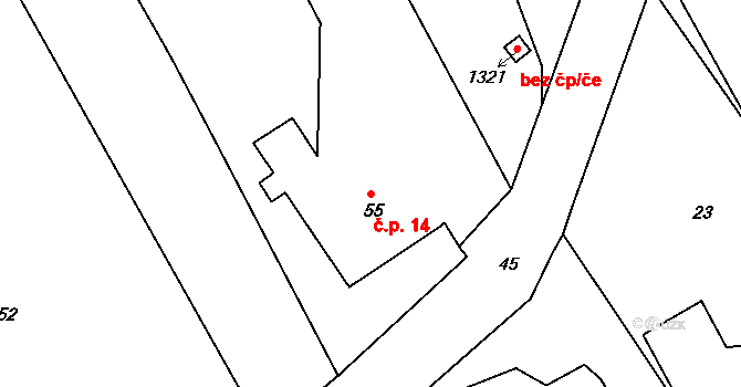 Lhotka 14, Ruda na parcele st. 55 v KÚ Lhotka u Velkého Meziříčí, Katastrální mapa