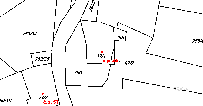 Křižínkov 45 na parcele st. 37/1 v KÚ Křižínkov, Katastrální mapa