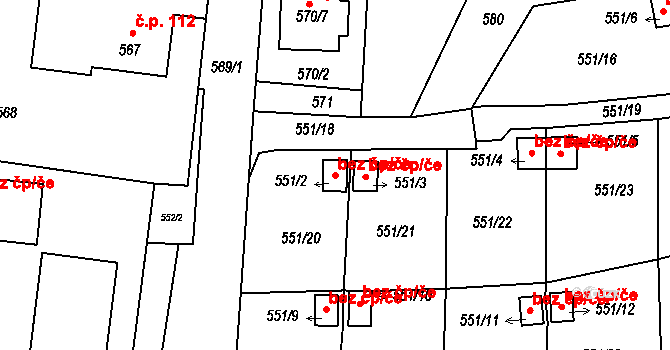 Fulnek 38946378 na parcele st. 551/2 v KÚ Jerlochovice, Katastrální mapa