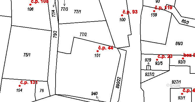 Drozdov 44 na parcele st. 101 v KÚ Drozdov, Katastrální mapa