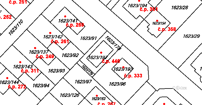 Popůvky 446 na parcele st. 1623/197 v KÚ Popůvky u Brna, Katastrální mapa