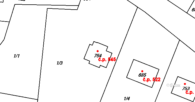 Kamenice 545 na parcele st. 754 v KÚ Kamenice u Jihlavy, Katastrální mapa