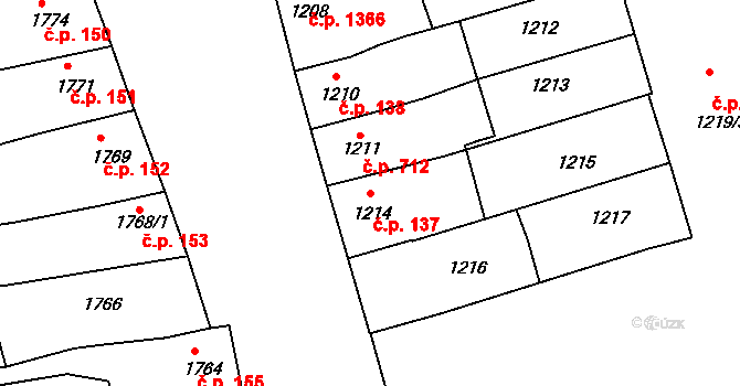 Hustopeče 137 na parcele st. 1214 v KÚ Hustopeče u Brna, Katastrální mapa