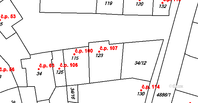 Jamolice 107 na parcele st. 123 v KÚ Jamolice, Katastrální mapa