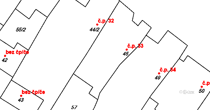 Tulešice 33 na parcele st. 45 v KÚ Tulešice, Katastrální mapa