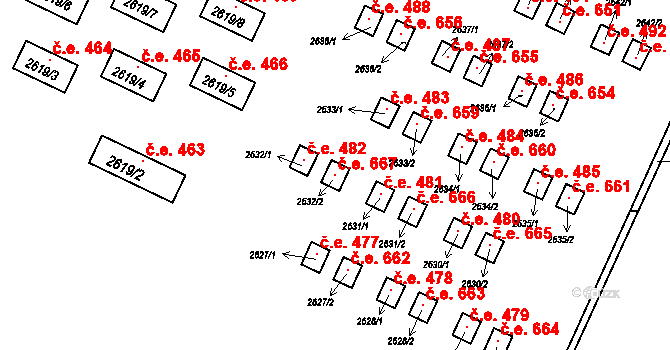 Jedovnice 667 na parcele st. 2632/2 v KÚ Jedovnice, Katastrální mapa