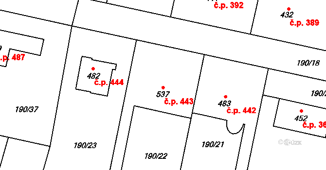 Rožďalovice 443 na parcele st. 537 v KÚ Rožďalovice, Katastrální mapa