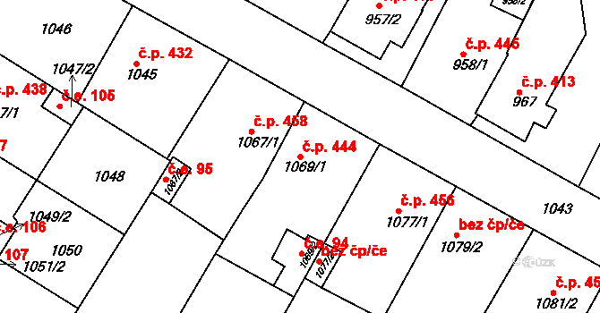 Hrušovany u Brna 444 na parcele st. 1069/1 v KÚ Hrušovany u Brna, Katastrální mapa