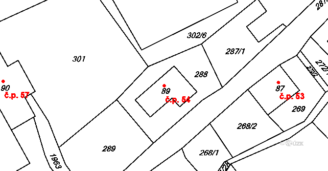 Mikuleč 54 na parcele st. 89 v KÚ Mikuleč, Katastrální mapa