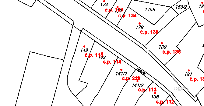 Miletín 114 na parcele st. 142 v KÚ Miletín, Katastrální mapa