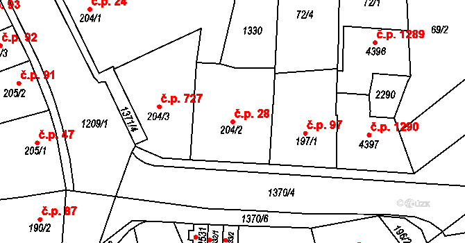 Valdické Předměstí 28, Jičín na parcele st. 204/2 v KÚ Jičín, Katastrální mapa