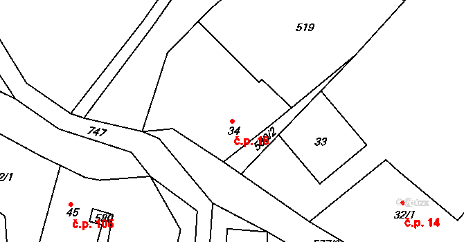 Levín 16 na parcele st. 34 v KÚ Dolní Vysoké II, Katastrální mapa