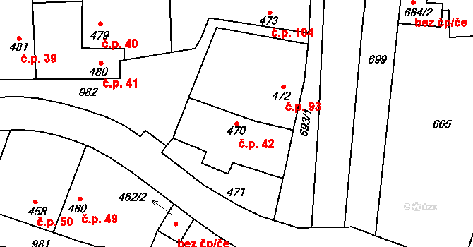 Kostomlaty nad Labem 42 na parcele st. 470 v KÚ Kostomlaty nad Labem, Katastrální mapa
