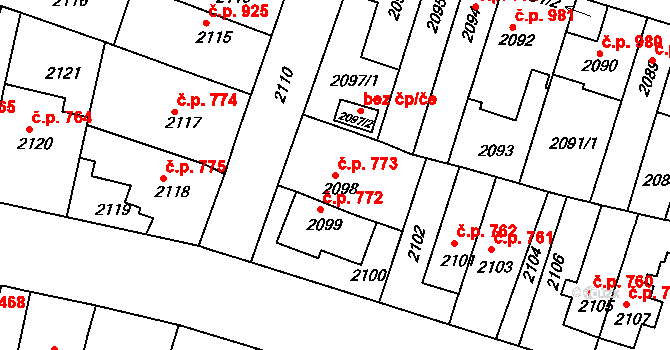 Husovice 773, Brno na parcele st. 2098 v KÚ Husovice, Katastrální mapa