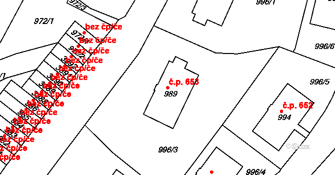 Železný Brod 653 na parcele st. 989 v KÚ Železný Brod, Katastrální mapa