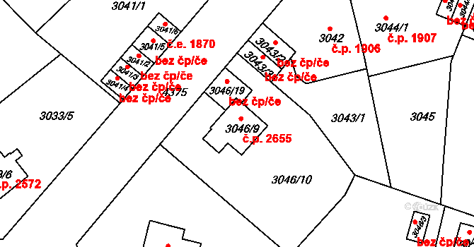 Teplice 2655 na parcele st. 3046/9 v KÚ Teplice, Katastrální mapa