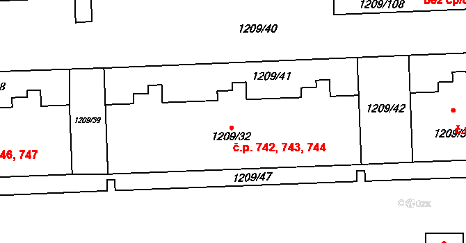 Háje 742,743,744, Praha na parcele st. 1209/32 v KÚ Háje, Katastrální mapa