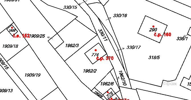 Rokytnice 370, Vsetín na parcele st. 774 v KÚ Rokytnice u Vsetína, Katastrální mapa
