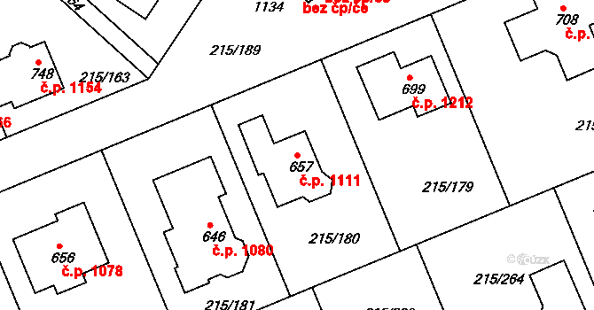 Rudná 1111 na parcele st. 657 v KÚ Hořelice, Katastrální mapa