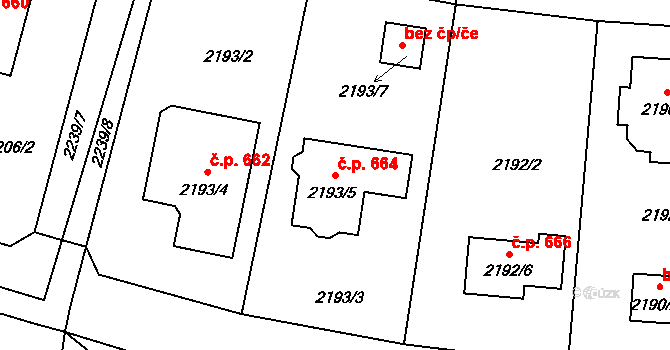 Nový Malín 664 na parcele st. 2193/5 v KÚ Nový Malín, Katastrální mapa