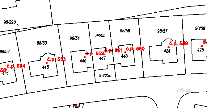Bašť 551 na parcele st. 447 v KÚ Bašť, Katastrální mapa