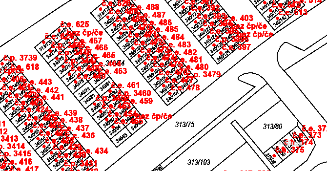Vyškov-Předměstí 477, Vyškov na parcele st. 340/106 v KÚ Vyškov, Katastrální mapa