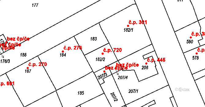 Štětí 720 na parcele st. 182/2 v KÚ Štětí I, Katastrální mapa
