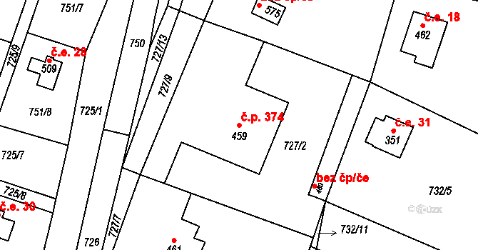 Nedvědice 374 na parcele st. 459 v KÚ Nedvědice pod Pernštejnem, Katastrální mapa