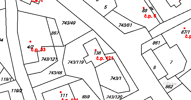 Škrdlovice 121 na parcele st. 138 v KÚ Škrdlovice, Katastrální mapa
