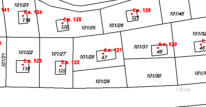 Mechová 121, Lipová na parcele st. 47 v KÚ Mechová, Katastrální mapa