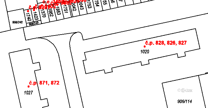 Malenovice 826,827,828, Zlín na parcele st. 1020 v KÚ Malenovice u Zlína, Katastrální mapa